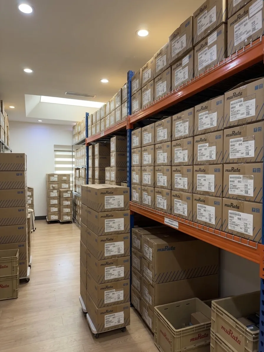 Cosolvic warehouse aisle with Murata component boxes on numbered shelving