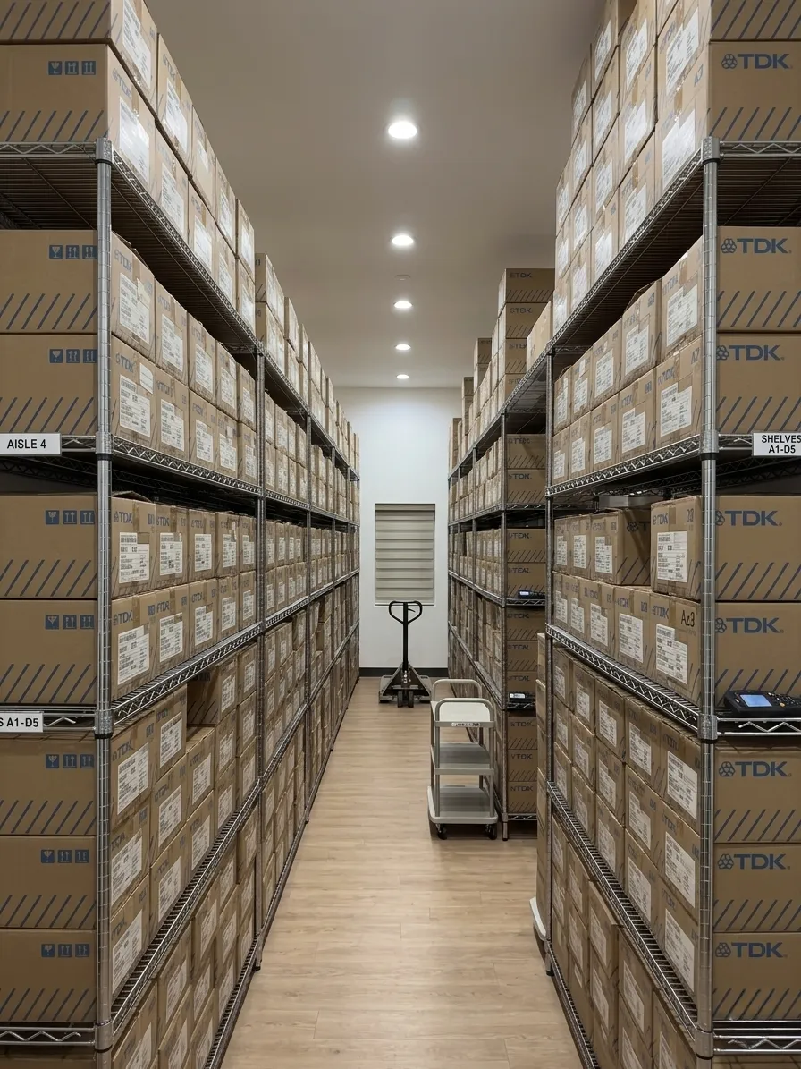 Organized warehouse aisle with TDK electronic component boxes on metal shelving racks, labeled by aisle and shelf number