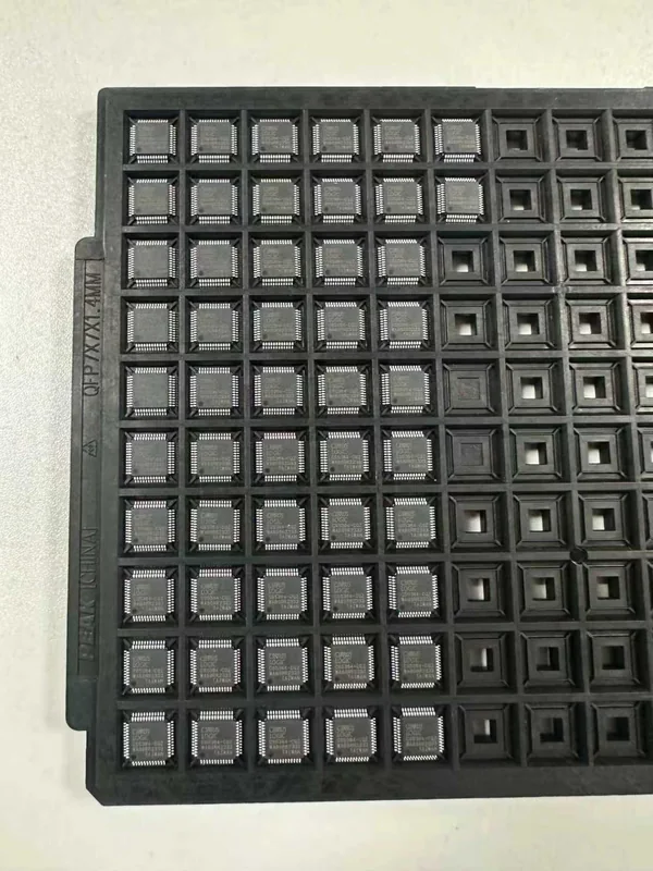 Small semiconductor packages arranged in a tray.