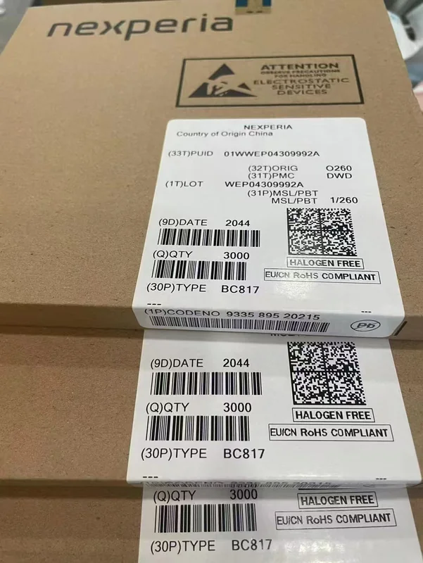 Nexperia-branded cartons with component identification labels.
